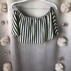 Amuse cropped off shoulder black beige stripe top